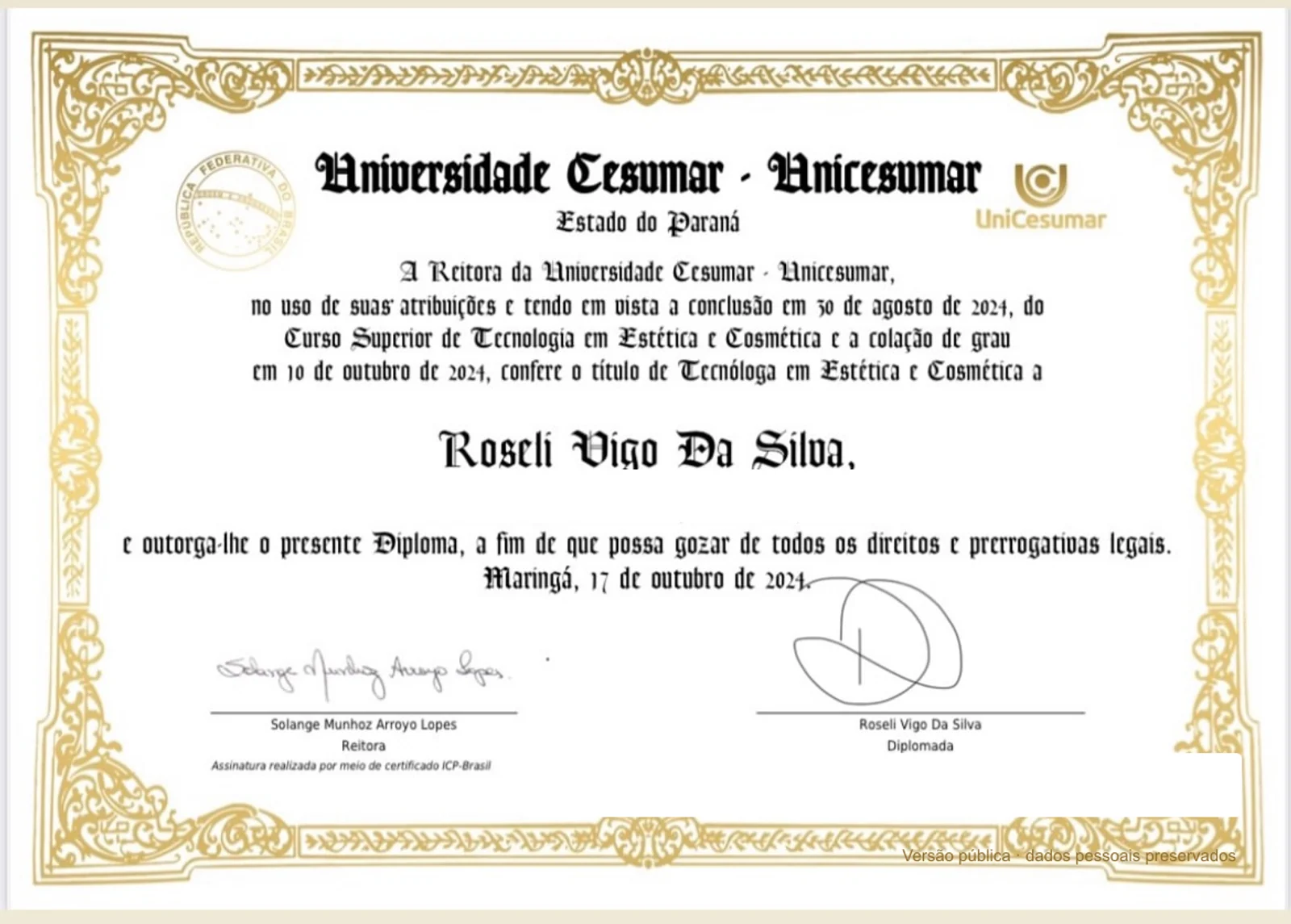 Diploma de graduação em Estética e Cosmética de Rose Vigo, em versão pública com dados pessoais preservados