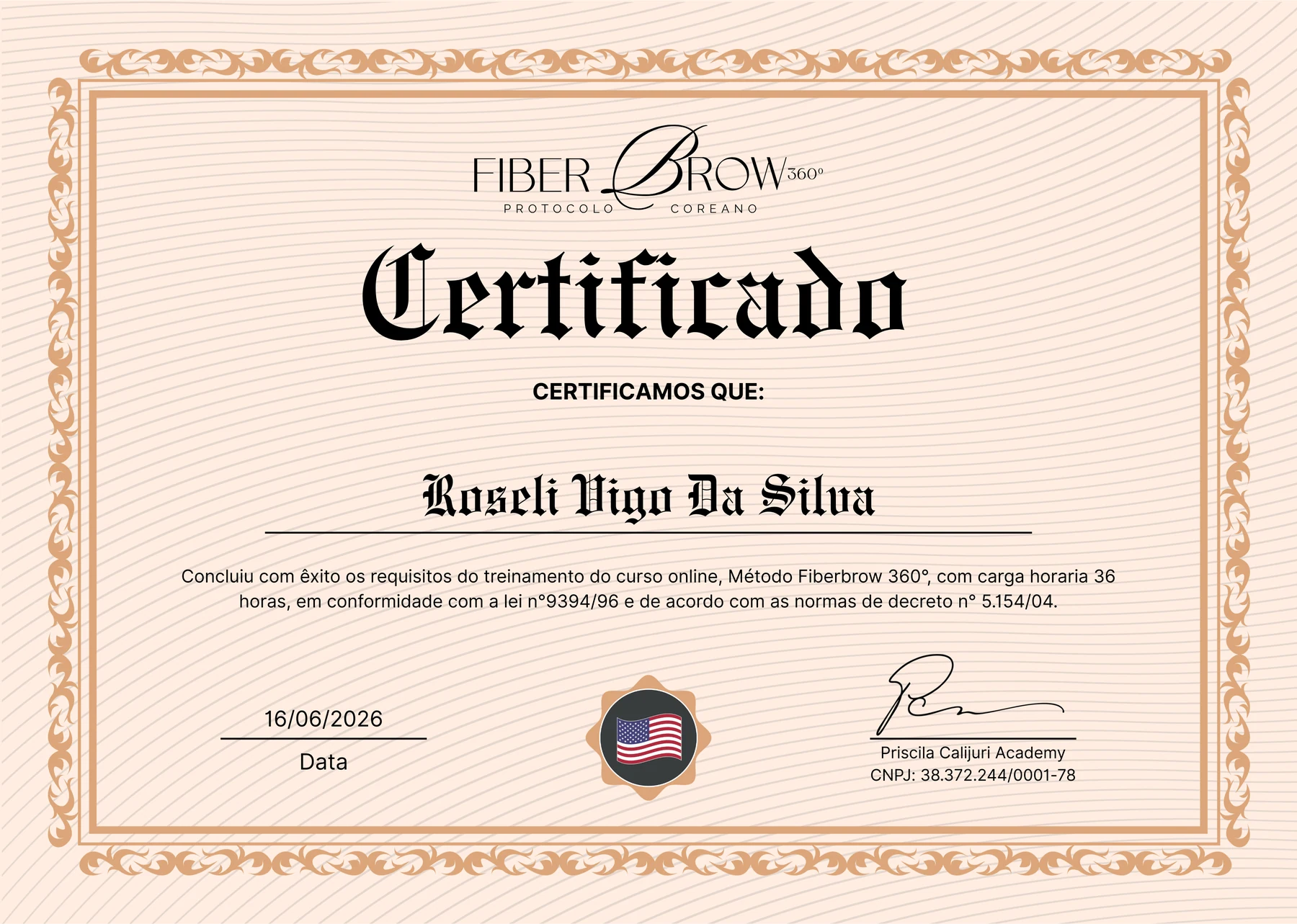 Certificado de formação Fiber Brow 360 de Rose Vigo