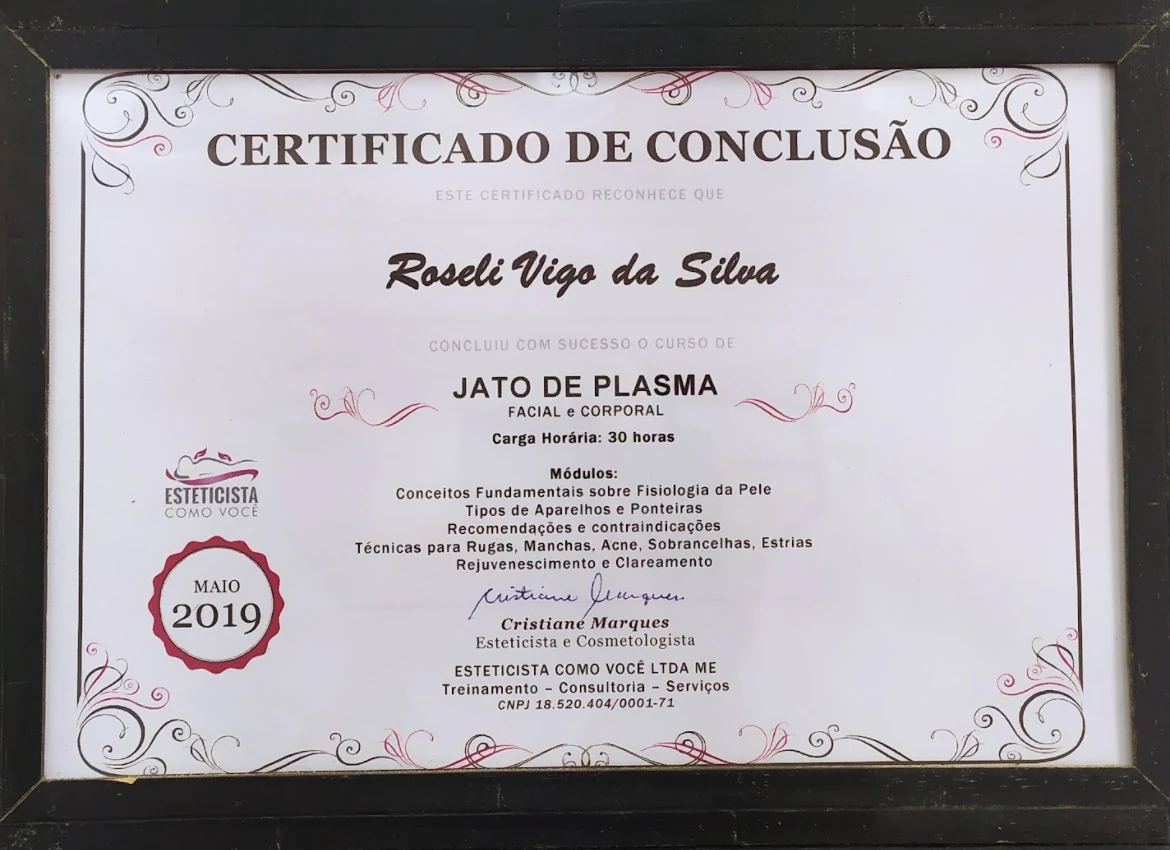 Certificado de formação em Jato de Plasma de Rose Vigo