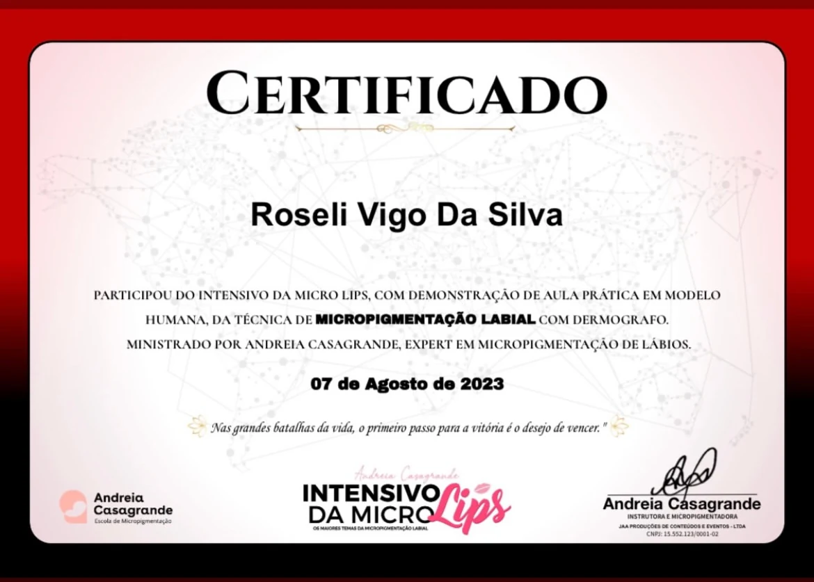 Certificado de formação em micropigmentação labial de Rose Vigo