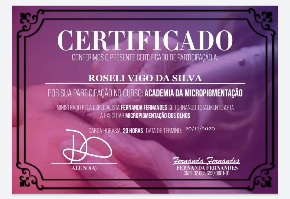 Certificado de formação em micropigmentação dos olhos de Rose Vigo