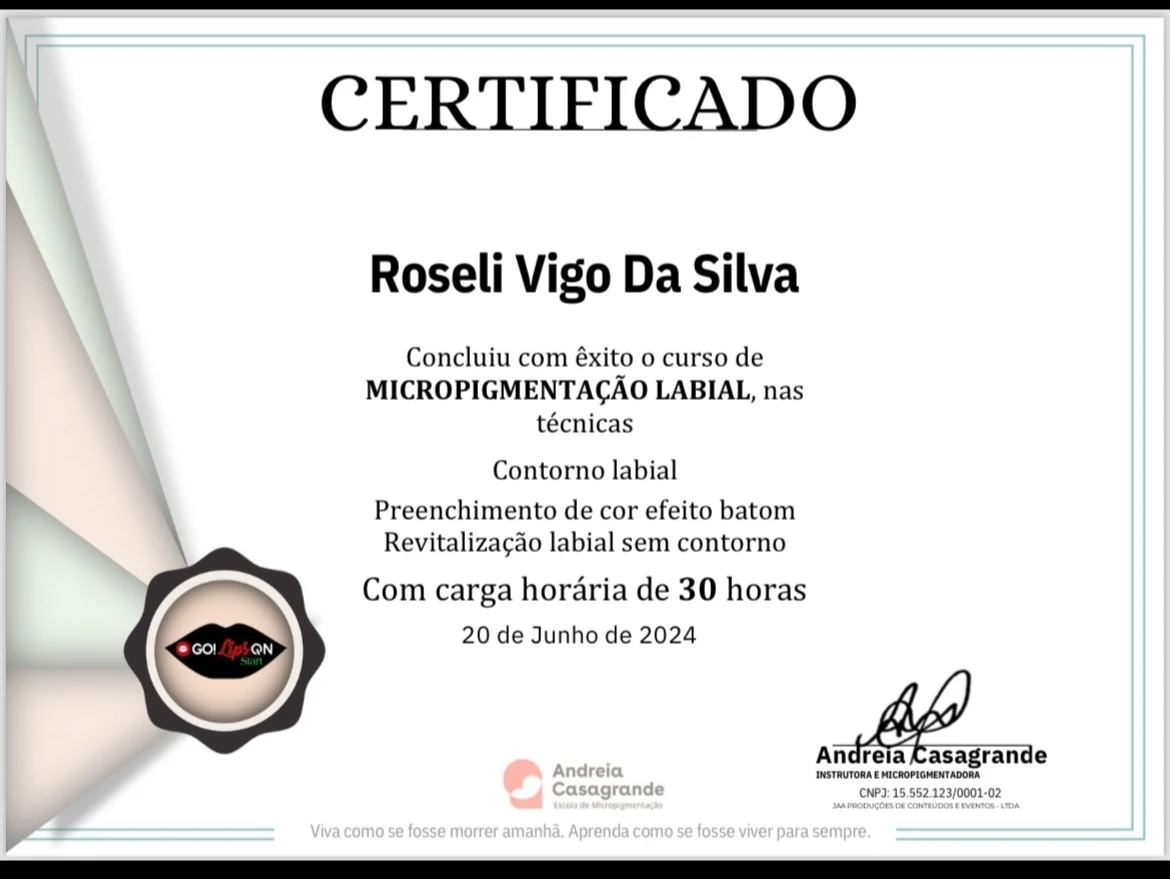 Certificado de aperfeiçoamento em micropigmentação labial de Rose Vigo